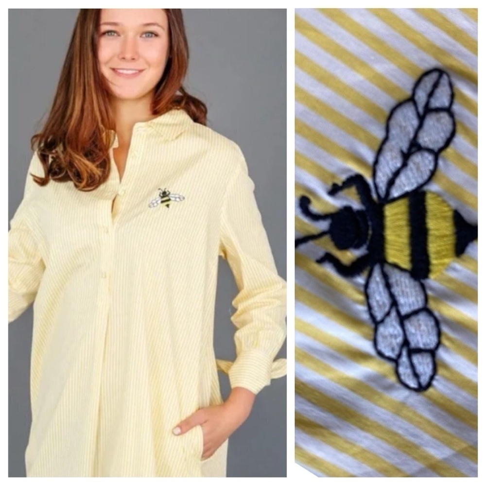 NWOT August Morgan Tie Sleeve Cotton Shirt Dress Yellow White Stripe XS